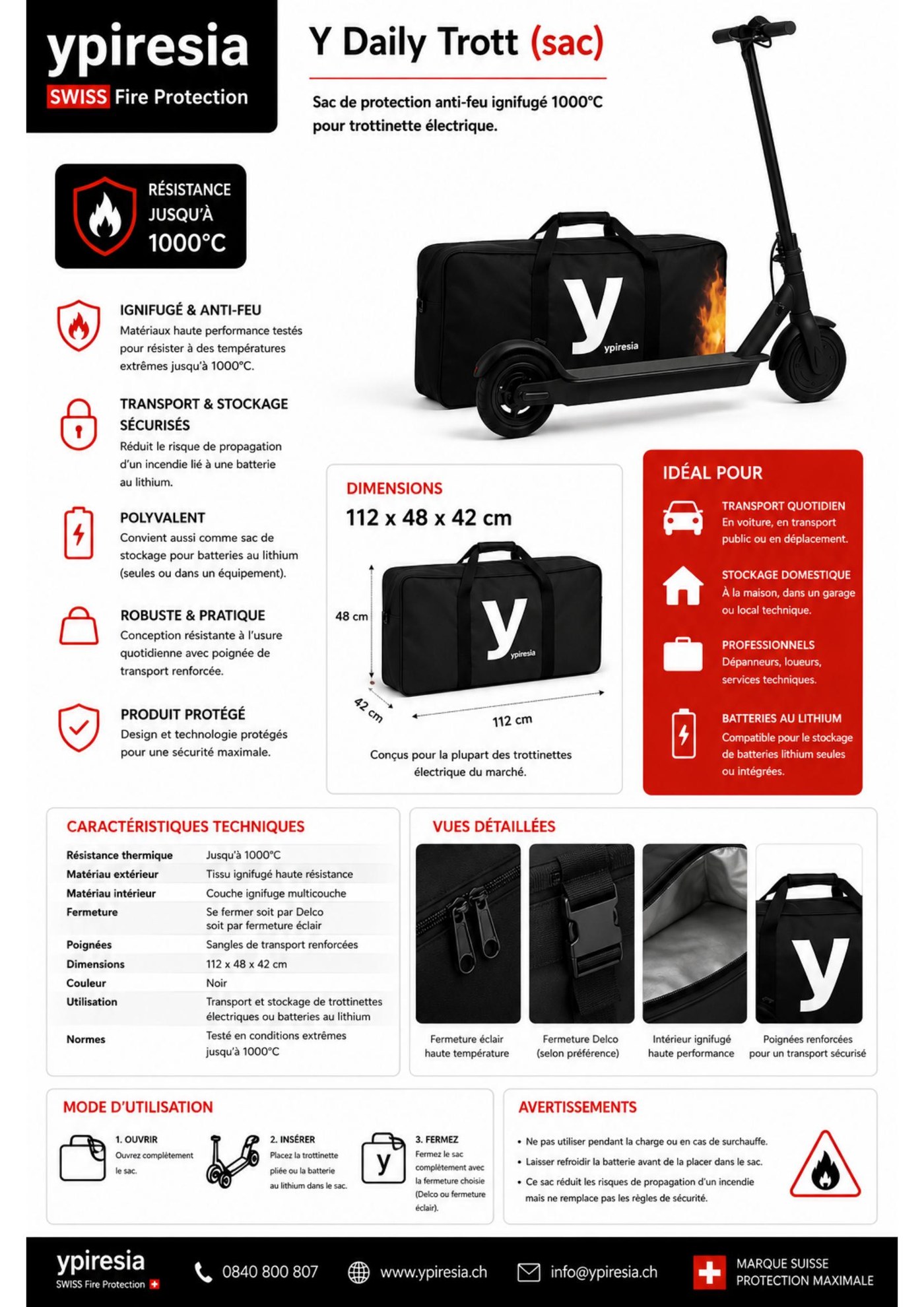 Y Daily Trott – fiche technique et sac de protection anti-feu pour trottinette électrique
