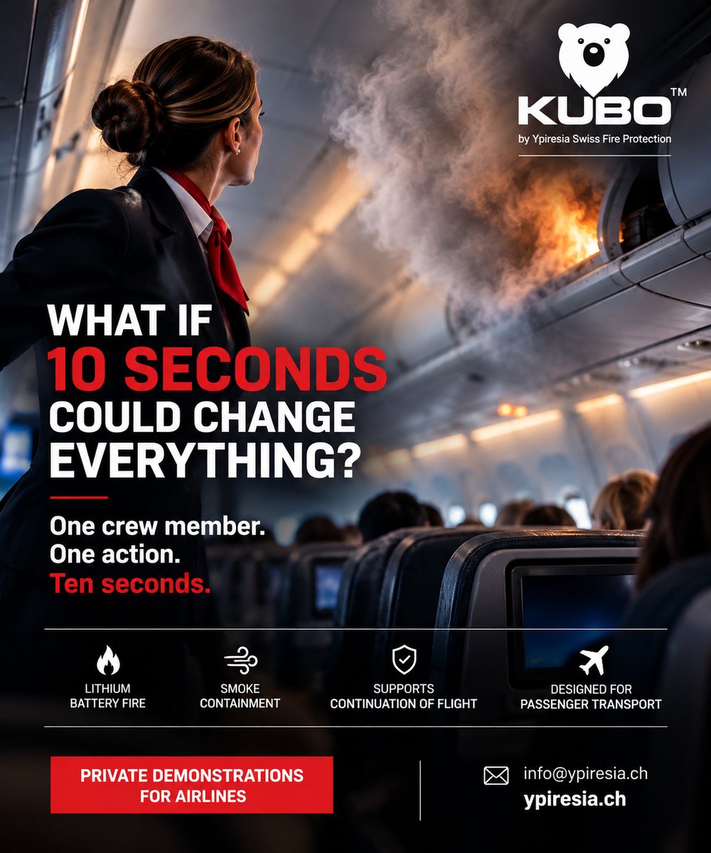 KUBO by Ypiresia Swiss Fire Protection. Et si dix secondes changeaient tout ? Un membre d'équipage, un geste, dix secondes. Feu de lithium battery, containment des fumées, poursuite du vol préservée, designed for le transport de passagers. Démonstrations privées pour les compagnies aériennes, info@ypiresia.ch