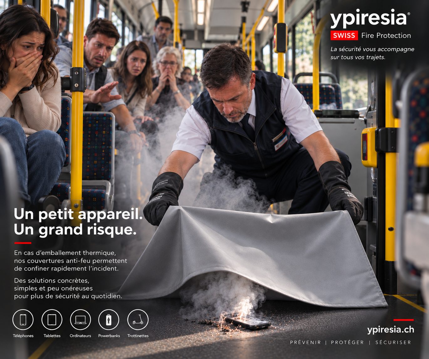 Un petit appareil, un grand risque : dans un bus, un conducteur déploie une couverture anti-feu Ypiresia sur un smartphone lithium en feu