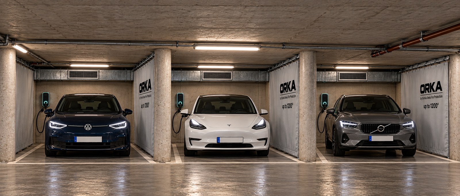 Rideaux coupe-feu ORKA installés entre trois boxes de recharge, séparation des véhicules électriques place par place