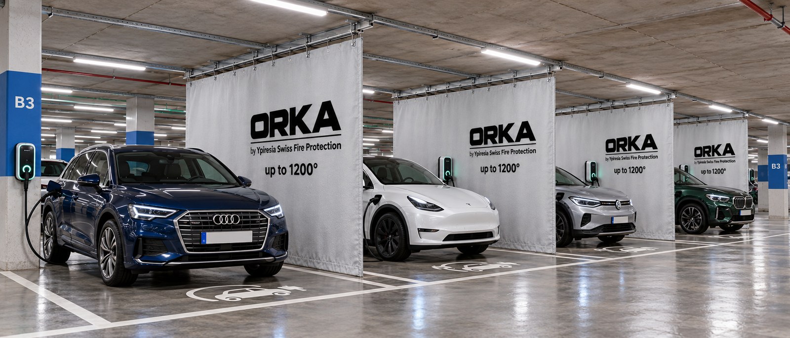 Rideaux coupe-feu ORKA déployés entre les places de recharge d'un parking souterrain, véhicules électriques en charge